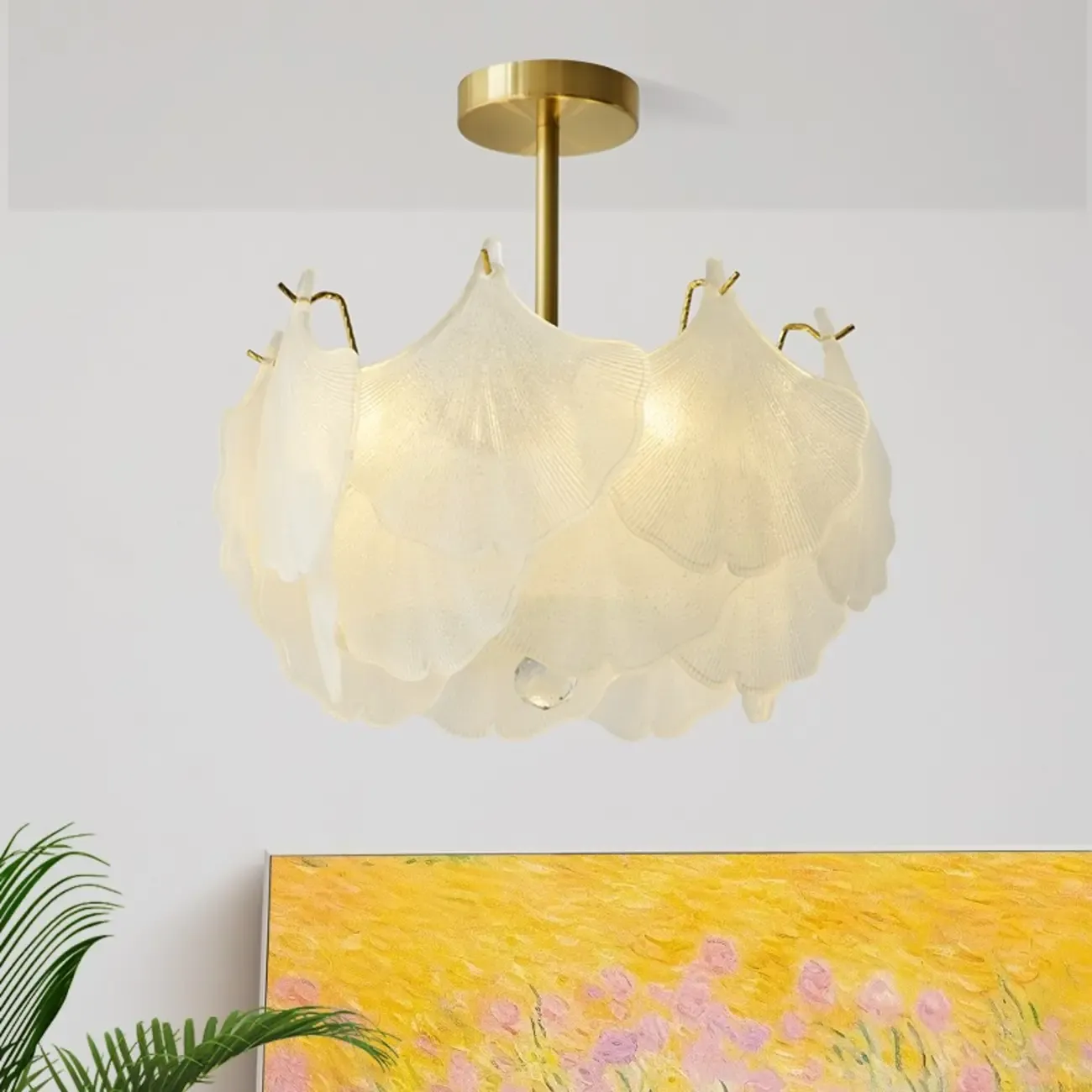 Elegant Gold Glass Leaf Semi Flush Mount Ceiling Light