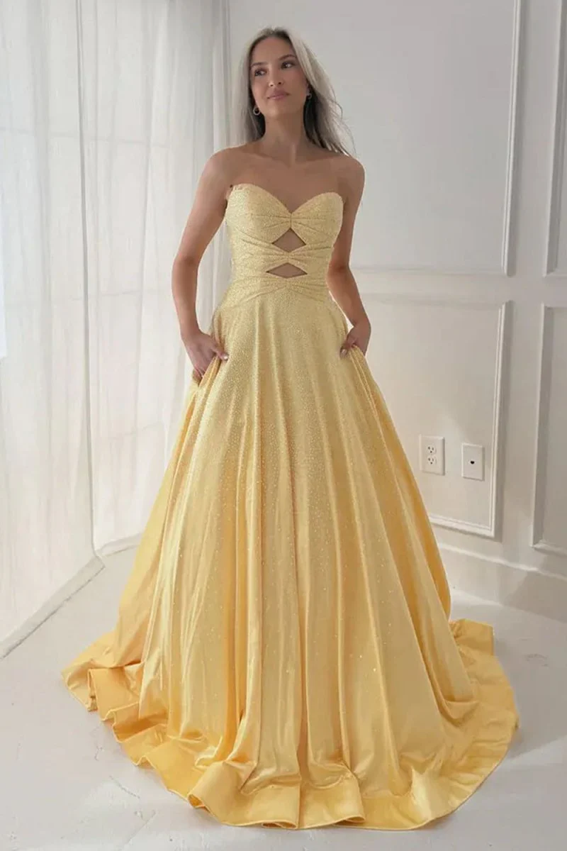 Sky Blue Strapless A Line Satin Beaded Long Prom Dresses With Cutout