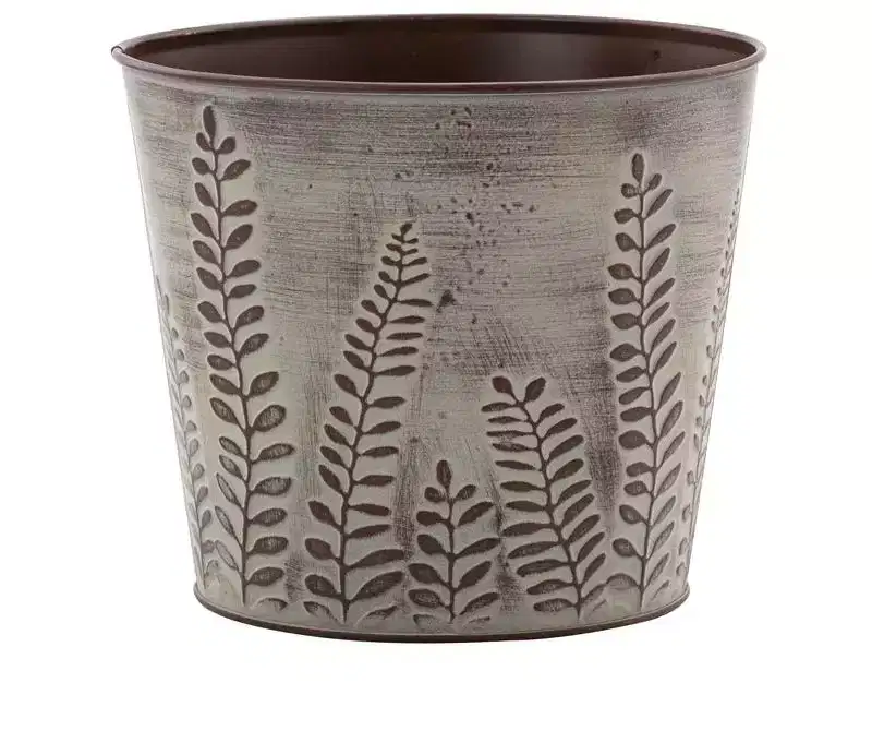 Napco Imports Fern Leaf Embossed 6 x 7 Inch Distressed Brown Metal Cache Plant Pot Cover with Removable Hard Plastic Liner