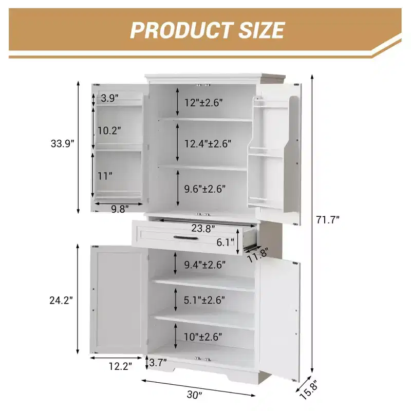White Kitchen Storage Cabinet, with a Drawer, Adjustable Shelves, Door Shelves, Large Narrow Bathroom Cabinet, Farmhouse Cupboard for Dining Room