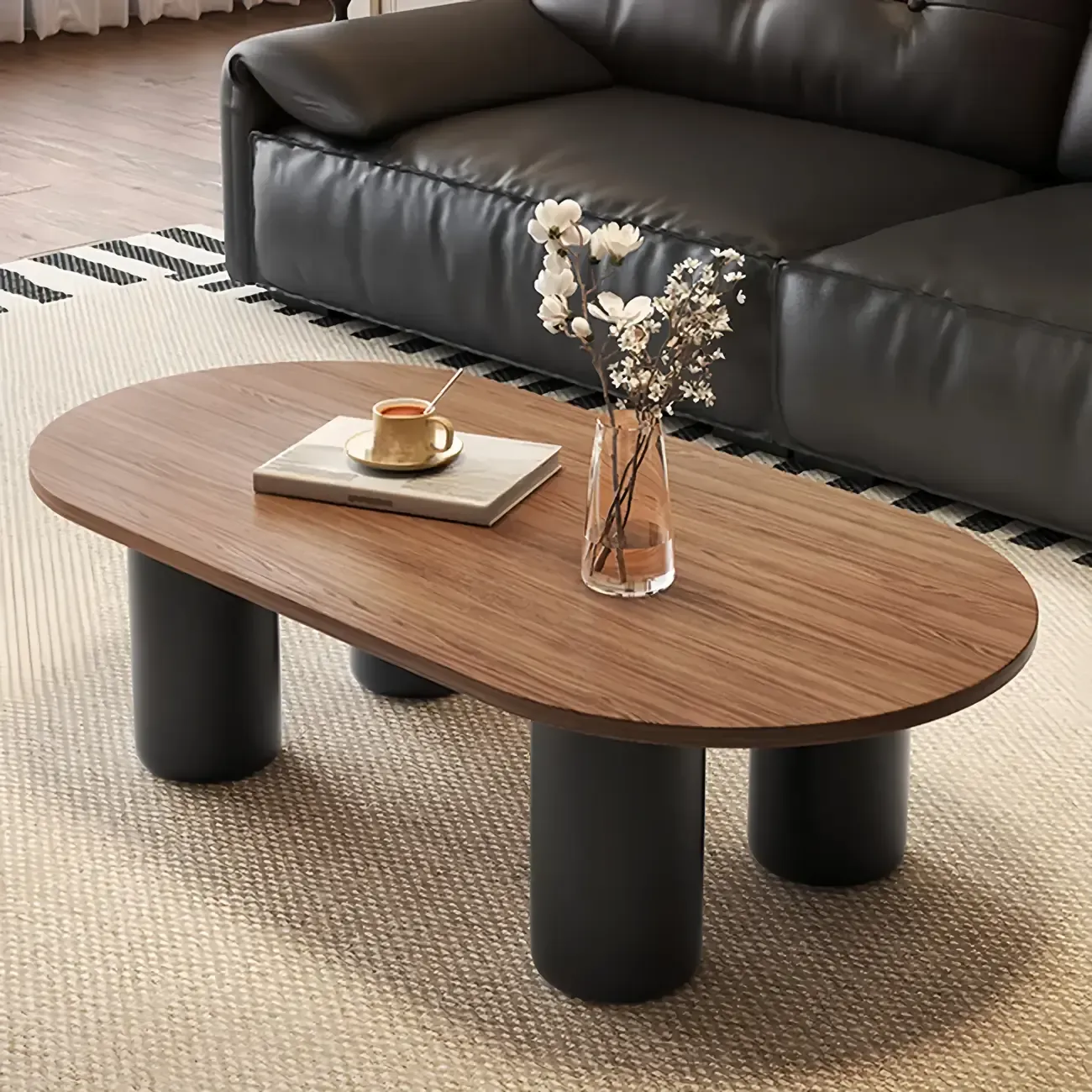 Living Room 4 Legs Simple Wood Stone Oval Coffee Table