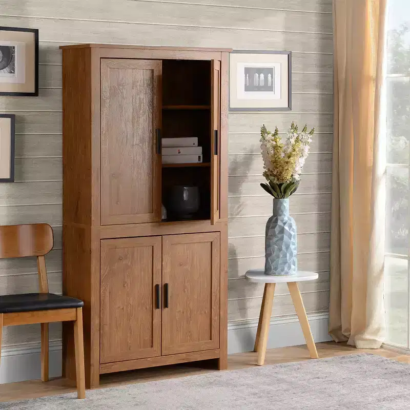 HOMCOM 64 4-Door Kitchen Pantry, Freestanding Storage Cabinet with 3 Adjustable Shelves for Kitchen, Dining or Living Room, Oak