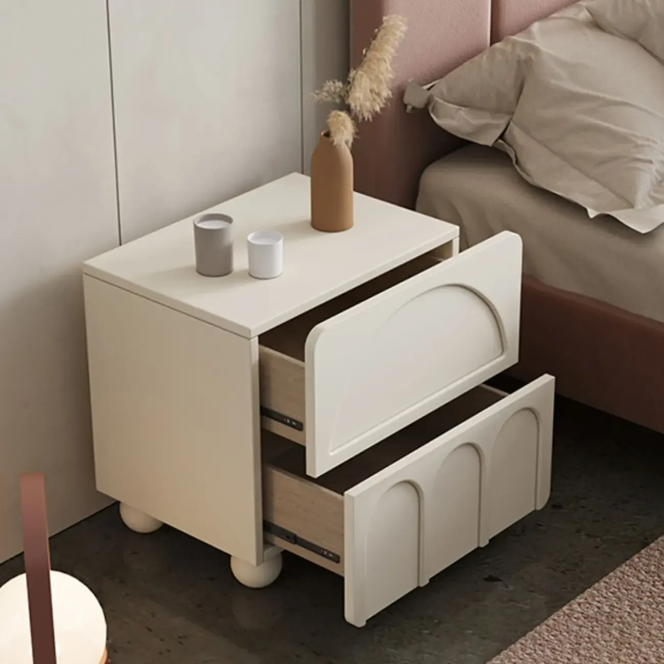 White Modern 2 Drawers Solid Wood Small Nightstand
