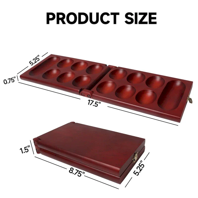GSE Mahogany Folding Wooden Mancala Board Game with Multi-Color Glass Stones and Storage Bag