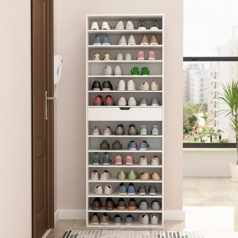 White Tall Shoe Cabinet, 13 Shelves, Holds 40 Pairs