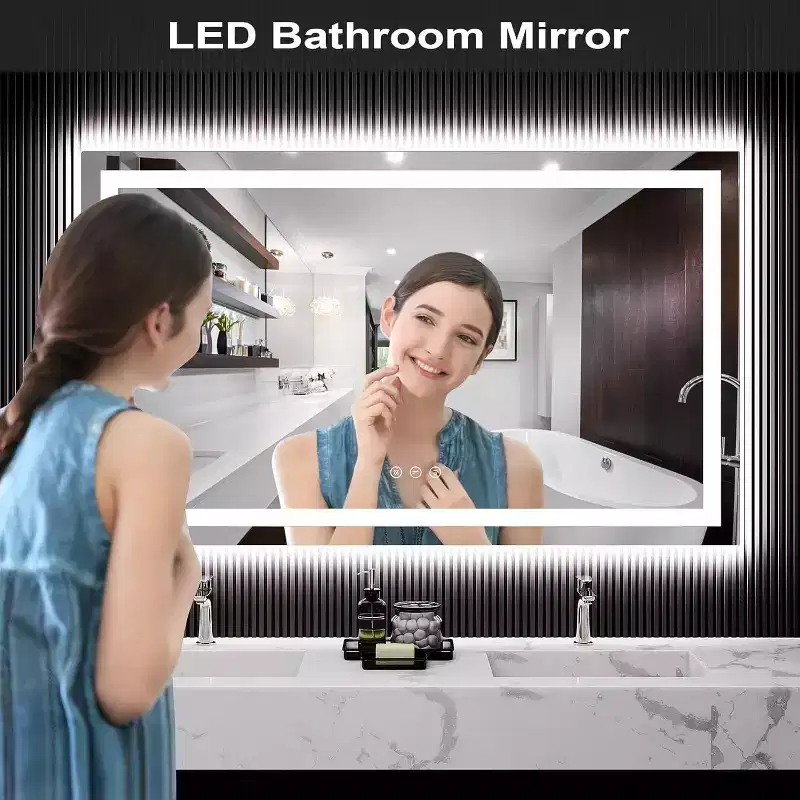 LED Bathroom Mirror with Lights, Front & Backlit Vanity Mirror, Stepless Dimmable, Anti-Fog, 3 Color Temperatures, Shatterproof Design