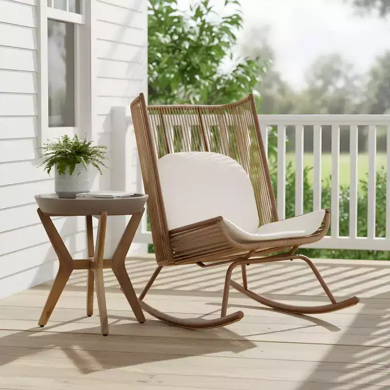 Christopher Knight Home Suman Farmhouse 2 Piece Patio Dining Set with Acacia Wood Table and Iron Rocking Chair