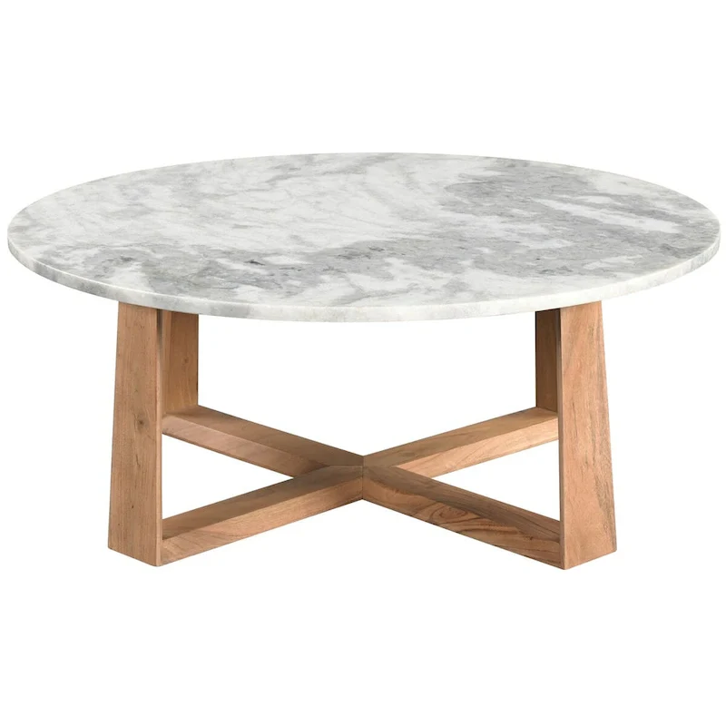 Round Marble Top Coffee Table with Acacia Wood Legs – White/Natural / White/Black