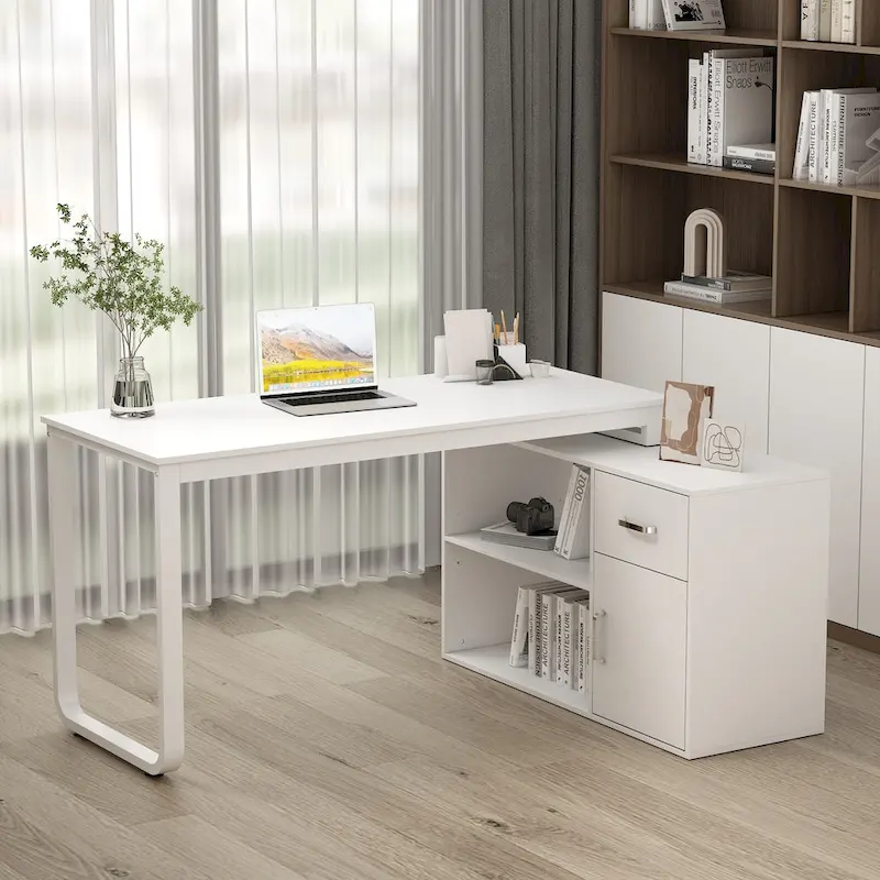 Timechee 55-inch L Shaped Office Computer Desk w/ Drawers Cabinet, White