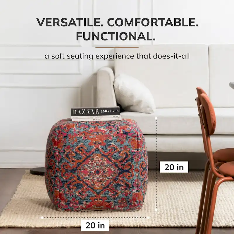 Red Multicolor Square Pouf Ottoman, Jacquard-Woven, 1-Person Footrest / Extra Seat