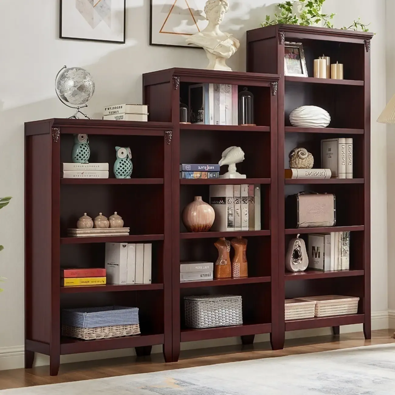 Dark Walnut Modern Vertical Adjustable Shelving Wood Bookcase