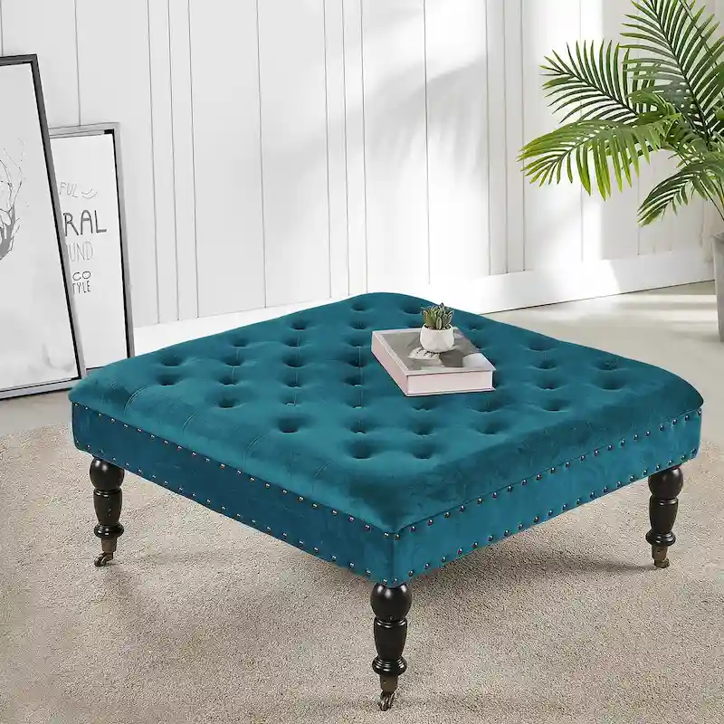 Deep Teal / Agate Green / Orion Blue / Carafe / Silver / Peat / Ivory / Burnt Orange / Simply Taupe Button-Tufted Square Ottoman Coffee Table with Brass Casters - Single Use