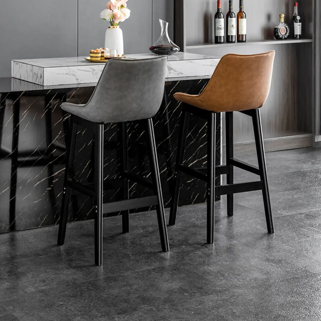 Mid-Century Modern Faux Leather Bar Stools with Wood Legs