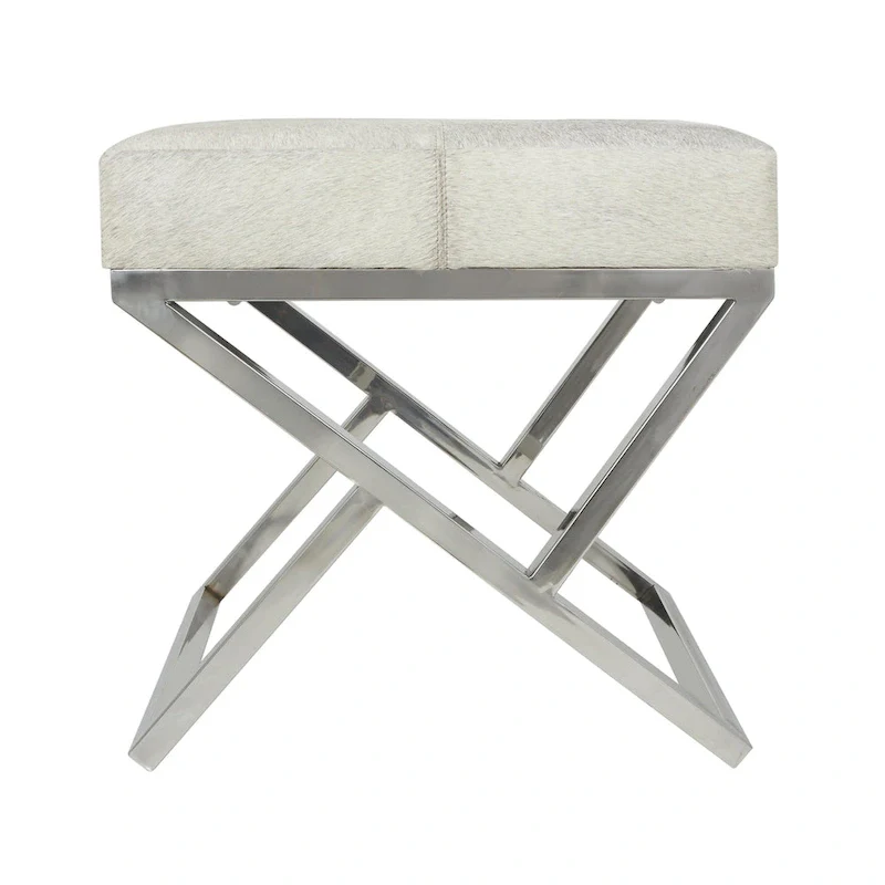 Leather Geometric Home Bench with Angled Silver Metal Base - Light Grey
