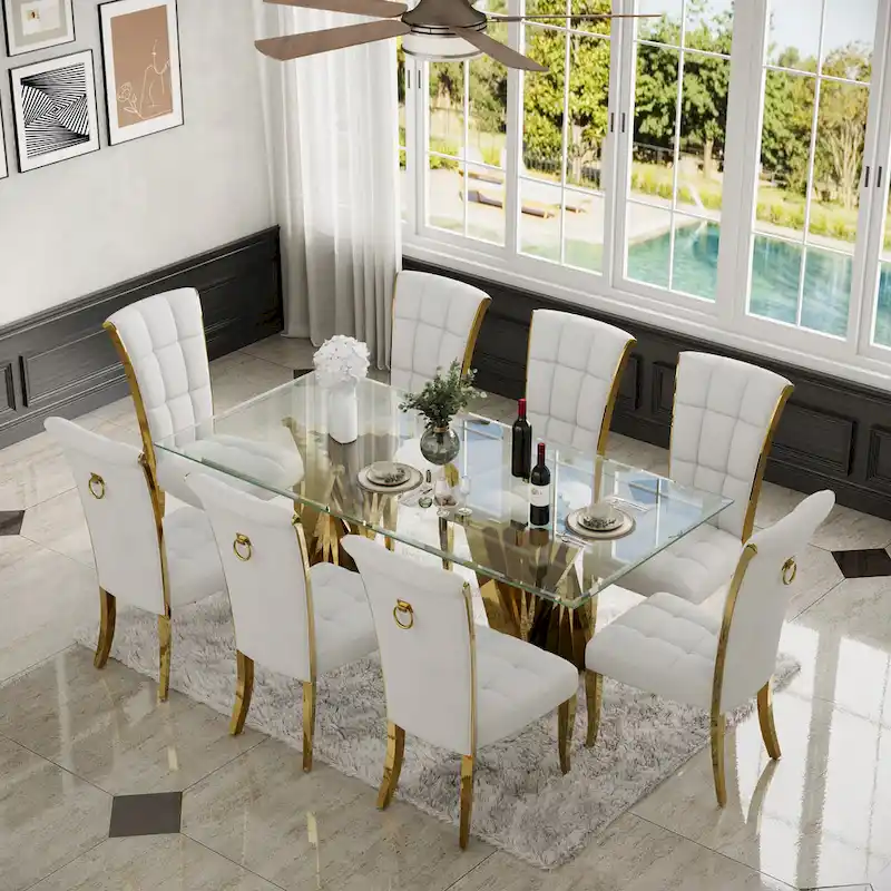 Luxury White Velvet Dining Chairs with Pull Ring on Back and Polished Gold Legs