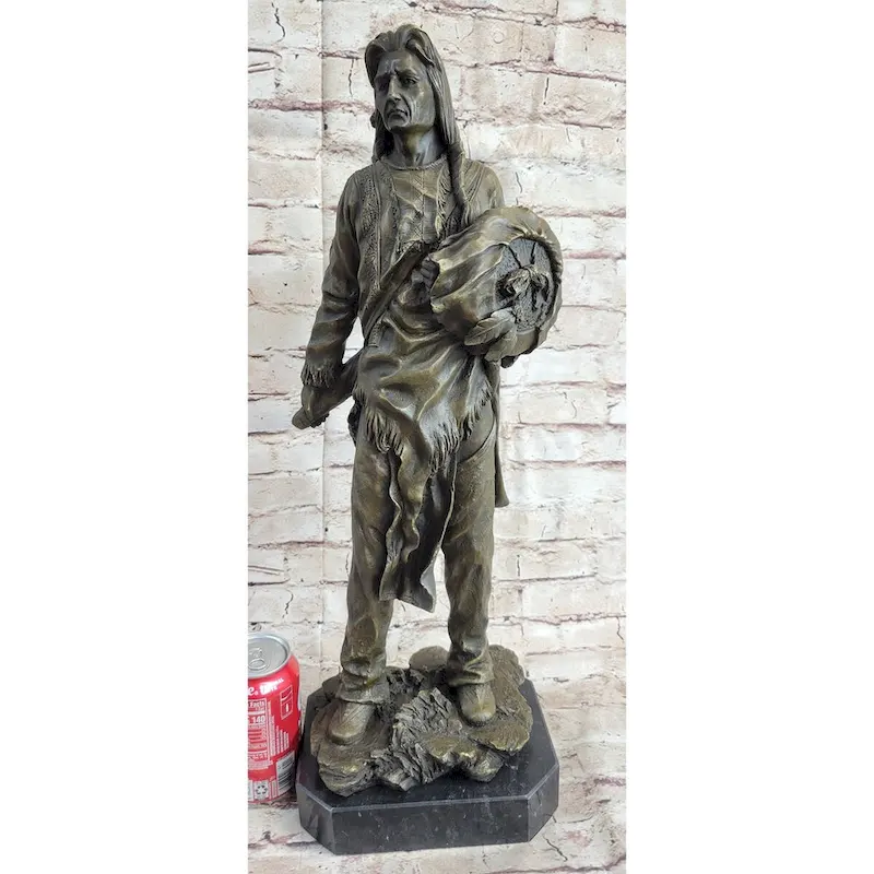 Indian Chief With Shield Gun Full Headdress Native American Bronze Statue 22 Inches