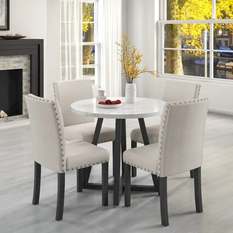 Five-piece dining room set with imitation marble table top,solid wood,space-saving kitchen and dining room combination furniture