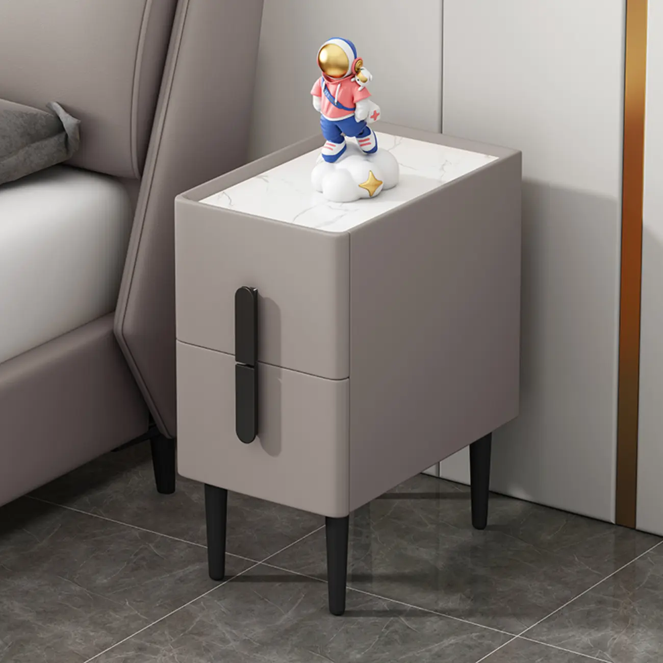 Trendy Gray Bedside 2-Drawer Nightstand with Stone Top