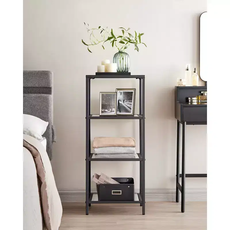 4-Tier Slim Bookcase with Tempered Glass & Steel Frame,Storage Shelf for Home Office, Bedroom