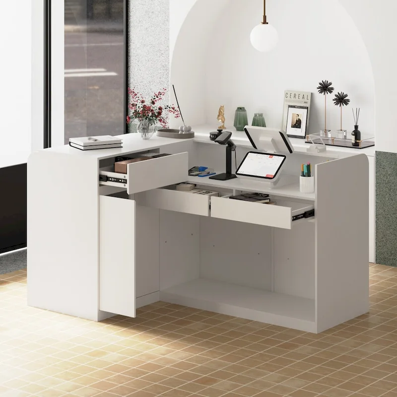 White Welcome Desk with Side Drawer and Cabinet - Reception Solution