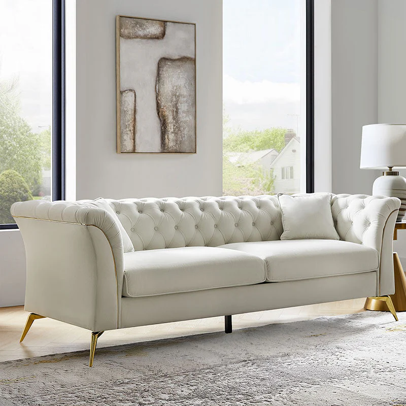 Velvet Button-Tufted Sofa with Gold Metal Trim & Legs | Ivory / Green / Navy | 2-Seat