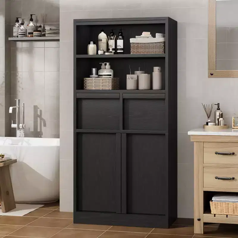 Tall 51 Bathroom Cabinet with Doors & 2 Drawers - Freestanding Floor Storage Organizer for Kitchen Pantry, Living Room, and Bathroom