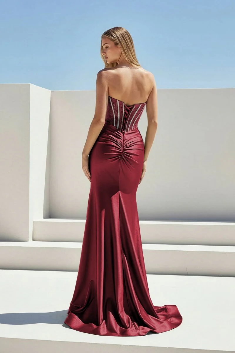 Sage Strapless Mermaid Satin Beaded Long Prom Dresses With Slit