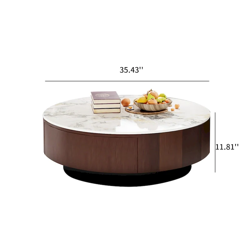 35 Modern Faux Marble Round Coffee Table, White Glossy Sintered Stone Tabletop, Mid Century Table with Solid Wood Drawer