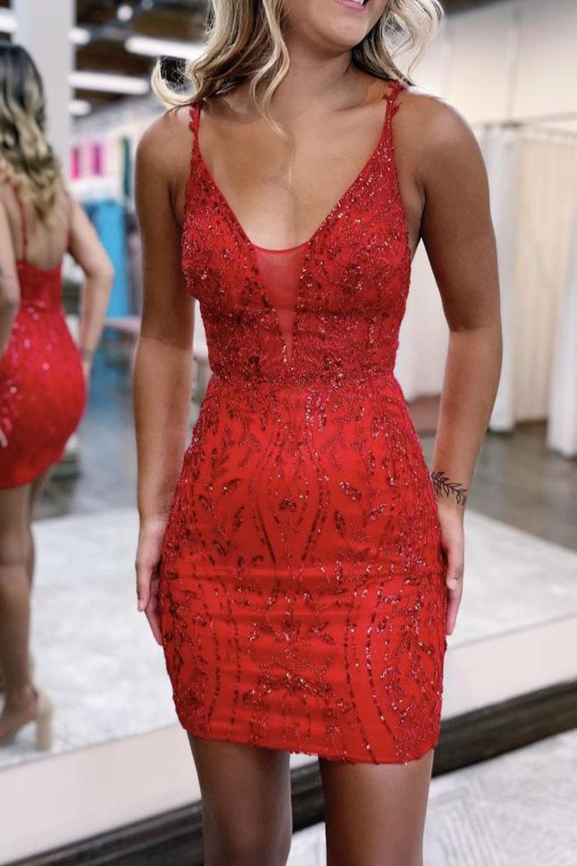 Bodycon Red V neck Lace Appliques Mini Party Dresses