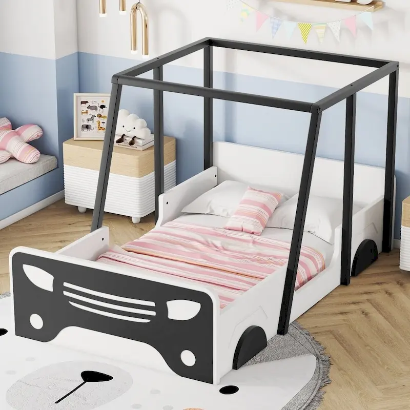 Black / Grey Twin Car-Shaped Wooden Bed with Roof, Wheels & Door – 1-Person