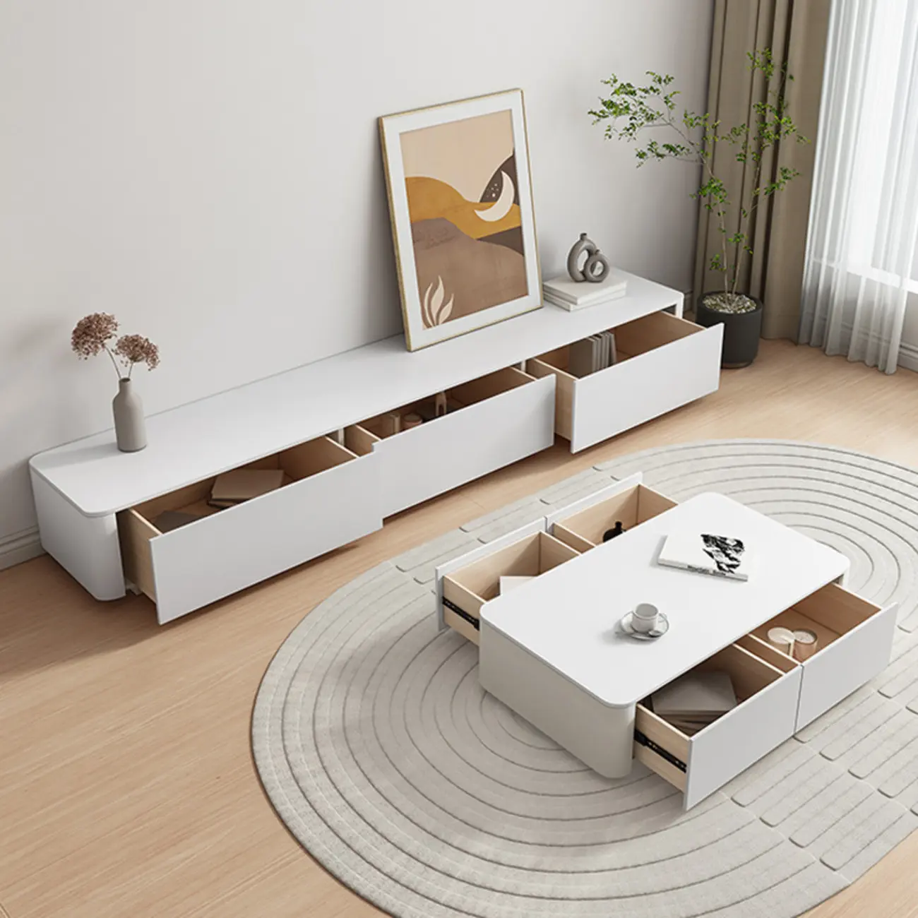 Modern White Wooden Long TV Stand with Drawers