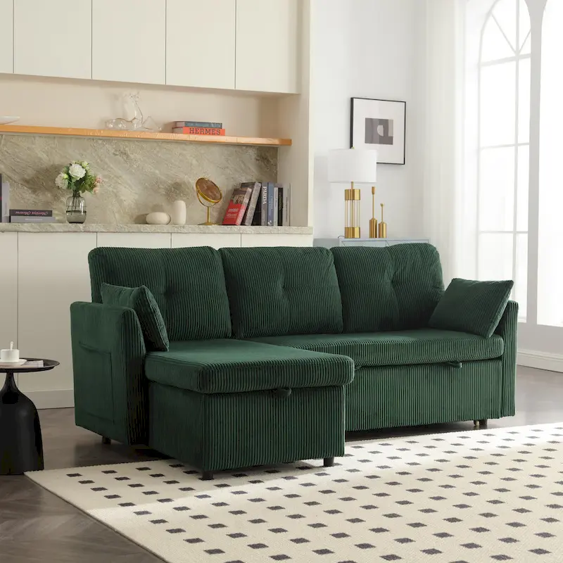 Green 81.1 L-Shaped Modular Sofa with Reversible Chaise Lounge and Storage, Plush Velvet Sleeper Sofa for Living Room
