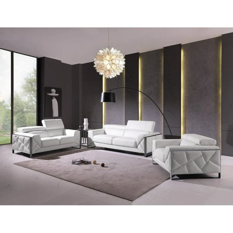 Leather Sofa 89 White 3-Seater Square Arms Silver Legs Contemporary 900 LBS
