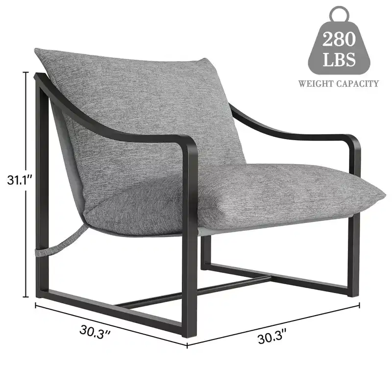 Modern Sling Accent Chair Set of 2, Grey Fabric Armchair with Cushioned Seat, Heavy Duty Metal Frame, Lounge Reading Chair for Living Room Bedroom