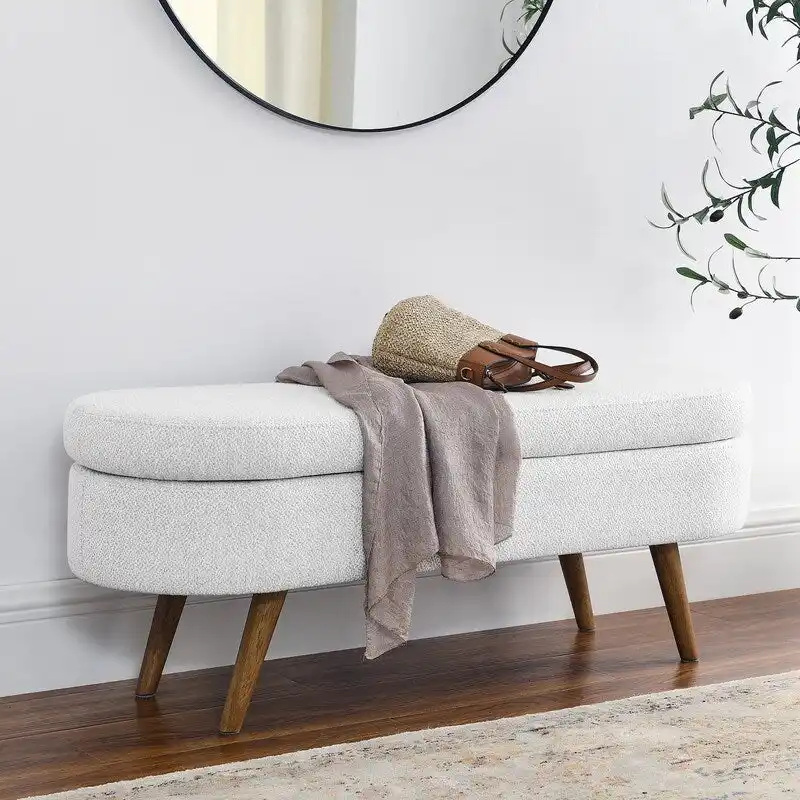 White / Beige / Gray Linen Upholstered Storage Bench with Solid Wood Legs - Single Use