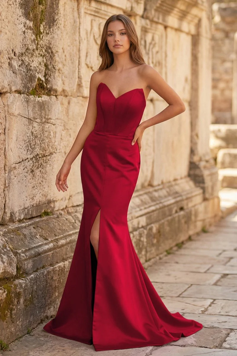 Red Mermaid Strapless Satin Long Prom Dresses With Slit