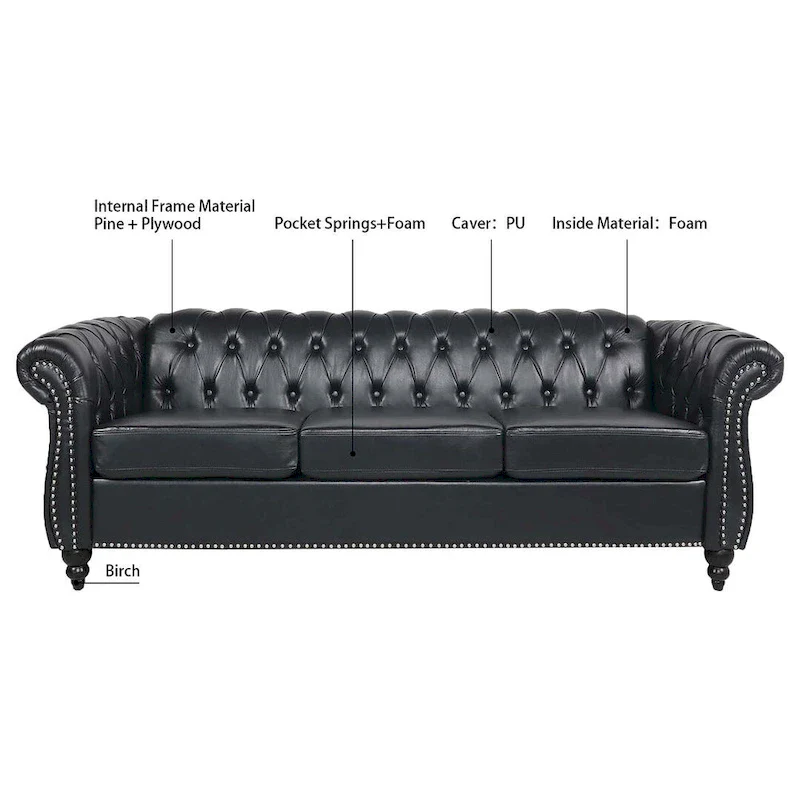 84.65 Chesterfield Tufted Faux Leather Sofa with Rolled Arms
