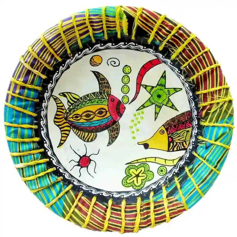 Kisii Soapstone Decorative Tropical Fish Plate with Kente Fabric & Sisal Rope Accent