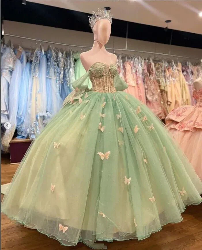 Ball Gown Sage Green Tulle Quinceanera Dress With Butterflies