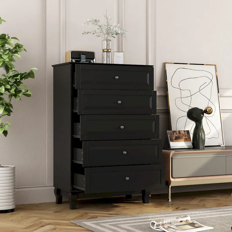 Black 5-Drawer Dresser with Wood Legs