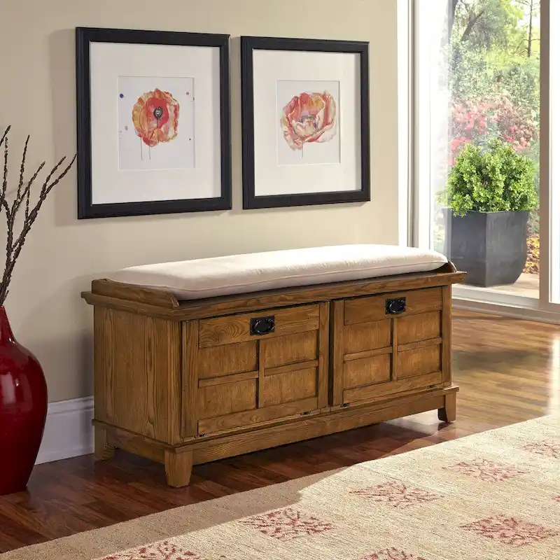 Mission Style Upholstered Storage Bench with Dual Drop-Down Doors – 47.25 Inches