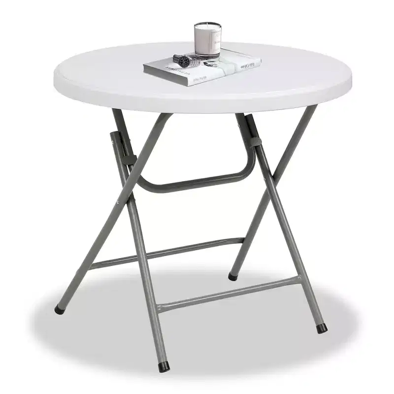 Round Folding Table 32 Inch Portable HDPE Plastic Indoor Outdoor Dining Table with Steel Legs White