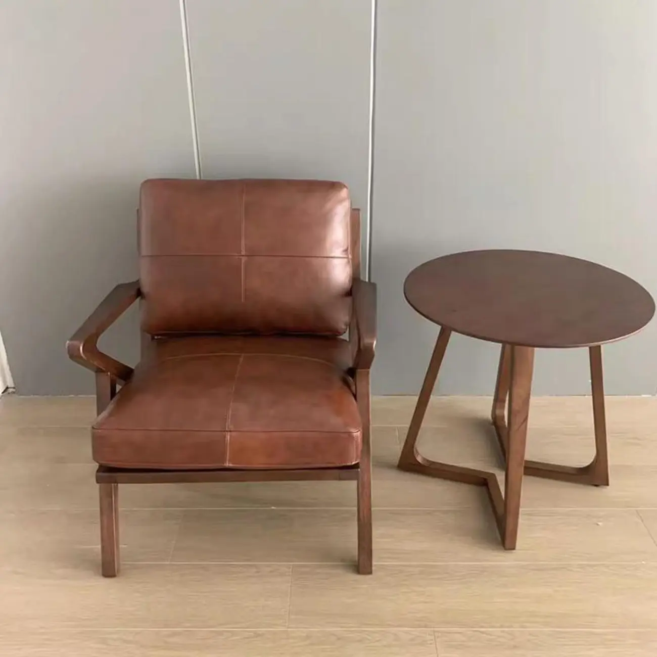 Mid-Century Modern Top Grain Leather Arm Chair Wood Frame