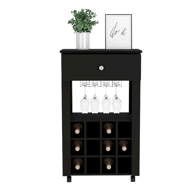 Bar Cart , Twelve Wine Cubbies, Four Legs, Black Wengue Finish