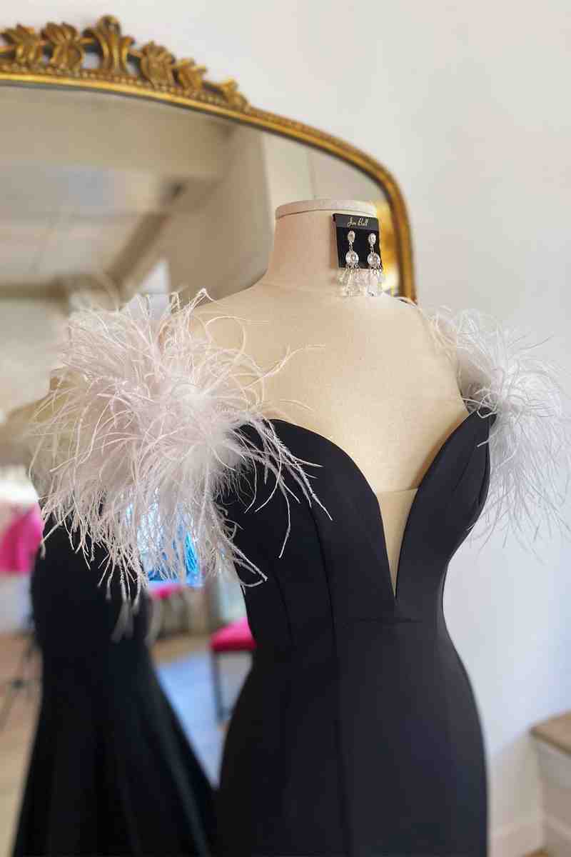 Long Black High Slit Prom Dress with White Feather