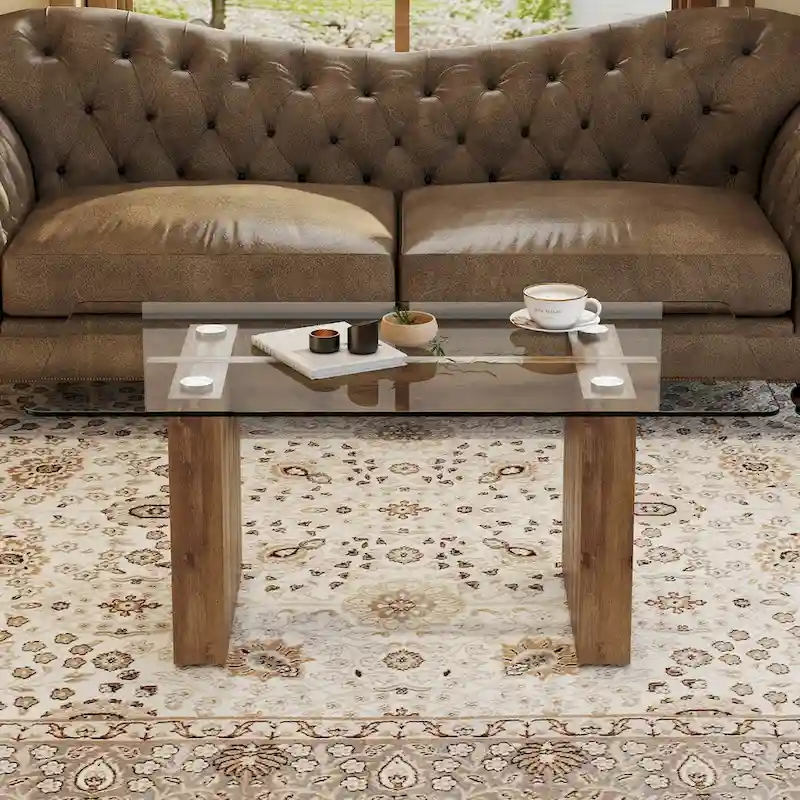 Tempered Glass Coffee Table with MDF Column Legs