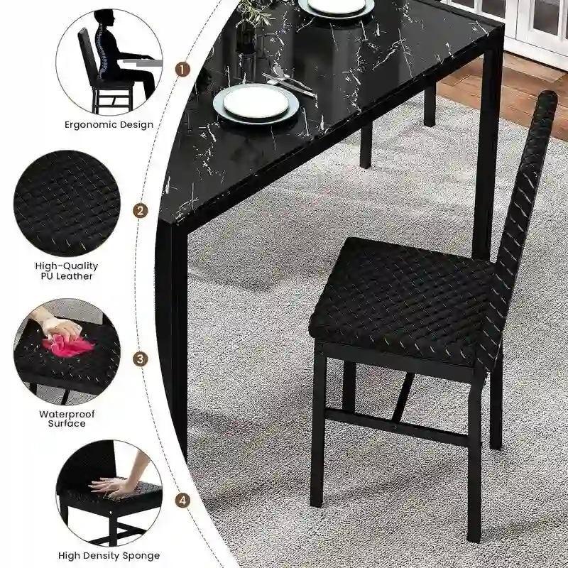 Grondin Modern Style 5-Piece Dining Room Table Set with Tempered Glass Tabletop and 4 Diamond Stitching PU Leather Dining Chairs