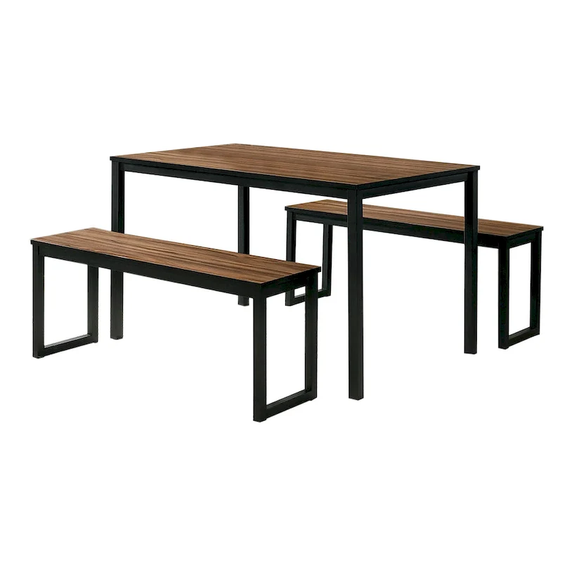 Brown & Black Industrial Dining Set, 3-Person, 1 Table + 2 Benches