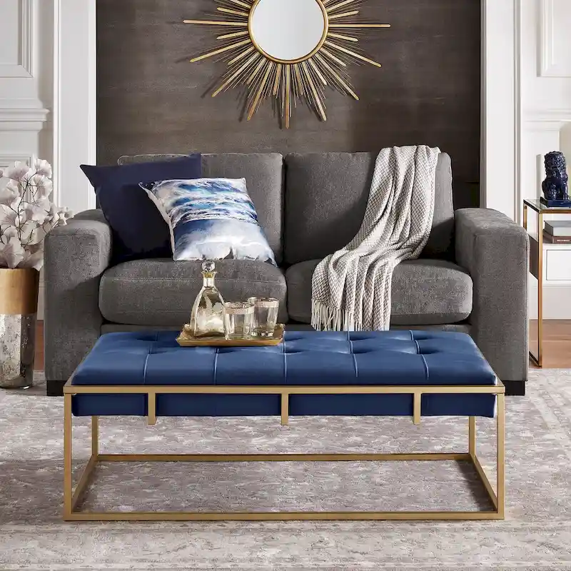 Perdita Gold Finish Velvet Rectangular Tufted Ottoman