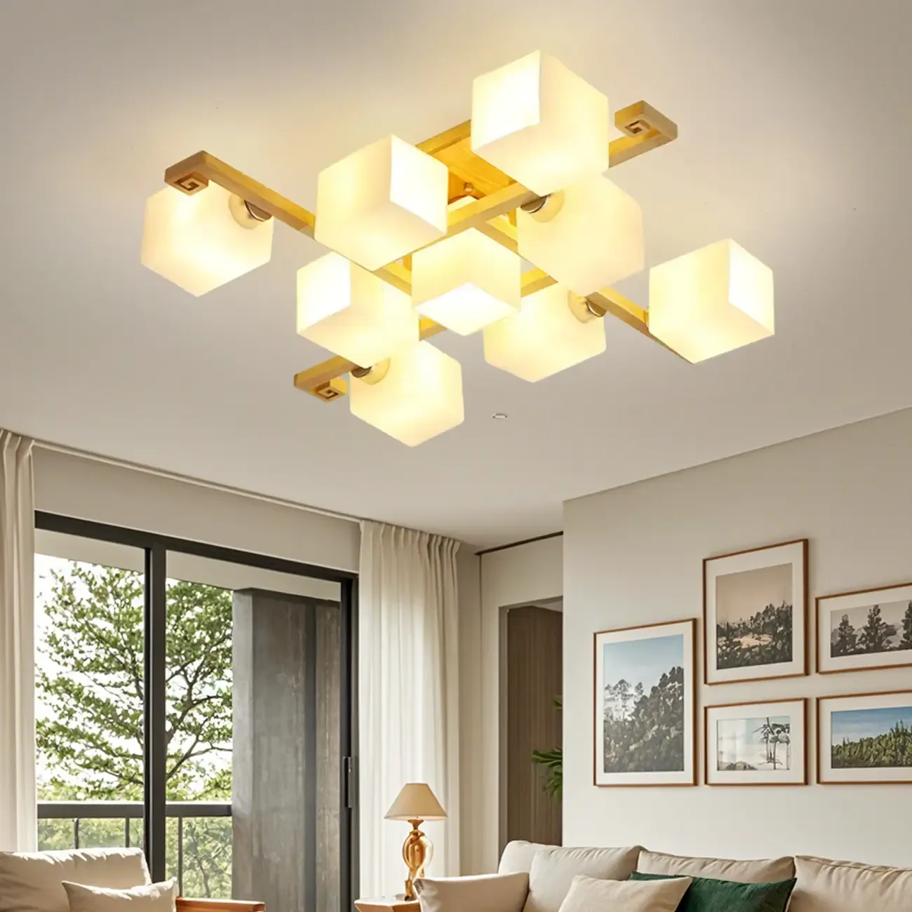 8.5 Height Square Glass Natural Wood Semi Flush Ceiling Light